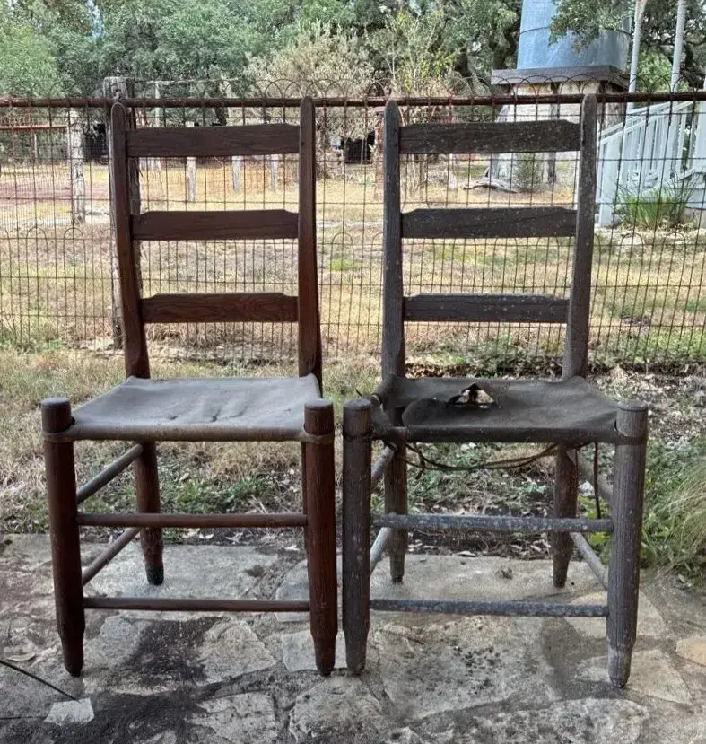 Antique Ladder-Back Chairs W/  Wooden Frames & Rawhide
