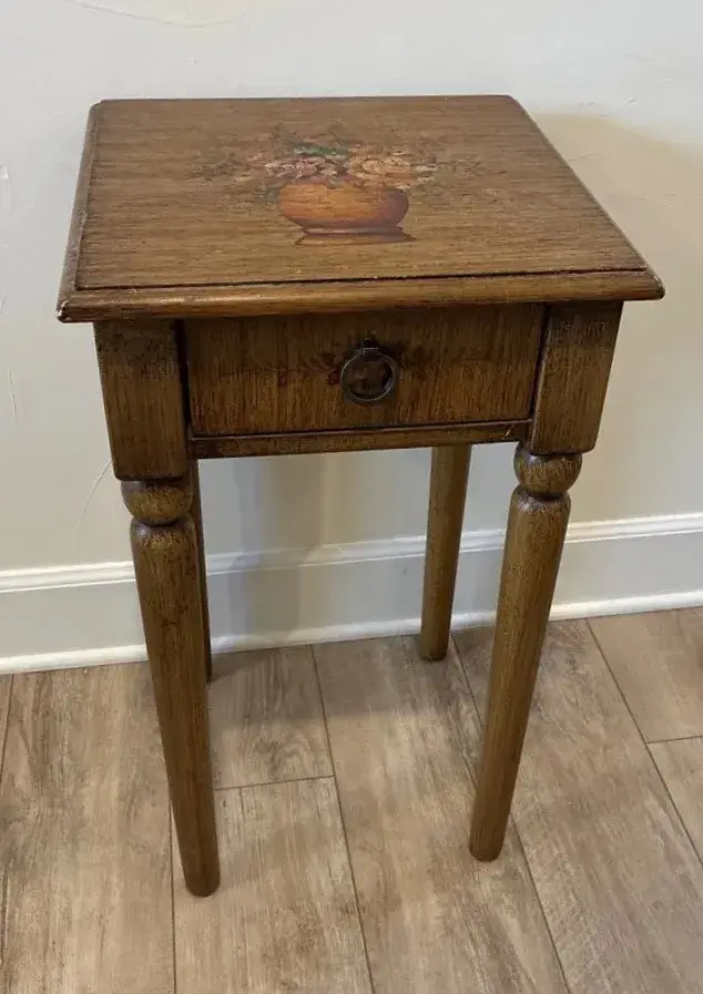 Hand Painted Floral Accent Side Table With Drawer