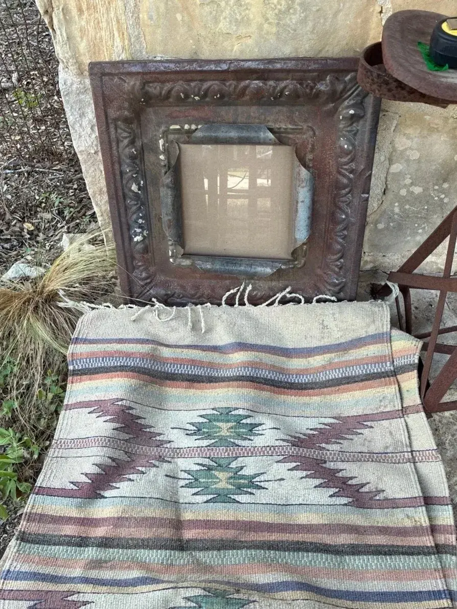 Rustic Picture Tin Frame & Rug & vintage handwoven Southwestern-style Wool Rug