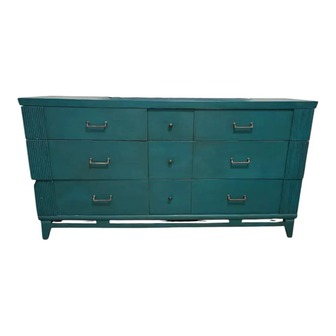 Vintage Mid-Century Modern Style 9-Drawer Dresser W/ Bold Teal /Turquoise Painted Finish- Upstairs