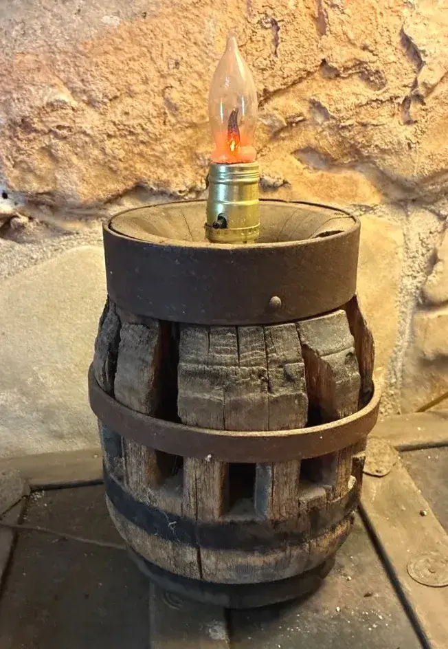 Vintage Rustic Table Lamp Crafted From Wooden Wagon Wheel Hub With Weathered Wood And Bands