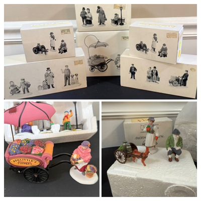 LOT 38: Dept 56 Holiday Village Accessories - Alpine Villagers(2 Sets), Vision of Christmas Past, Christmas Carol Morning, Chelsea Market...