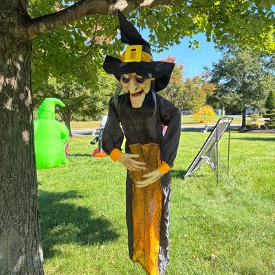 LOT 59: Halloween Inflatable Outdoor Lawn Decorations, Battery Operated Hanging Witch & Skelton