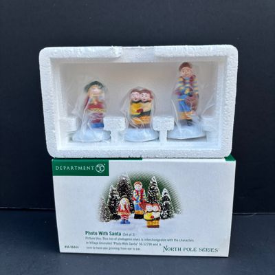 LOT 143: Village Accessories by Dept 56: Delivering Real Plastic Snow, Santa in the City, Elves on Track, Photo w/Santa, Tangles in...