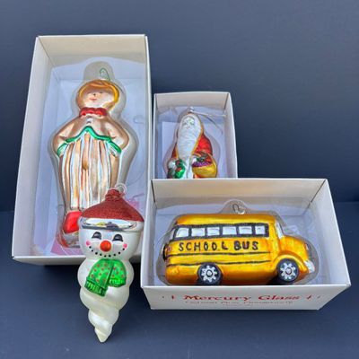 LOT 74: Dept 56 Hand Blown Mercury Glass Ornaments in Original Boxes - School Bus, Santa, Gingerbread Man & Snowman