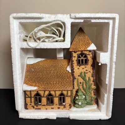 LOT 83: Dept 56 Heritage Village Collection Dickens Village Series: Village Church & Bishop Oast House & Village Porcelain Pine Tree