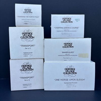 LOT 81: Dept 56 Accessories w/Original Boxes: Trimming the North Pole, Transport, Charting Santa's Course, Baker's Elves, One...
