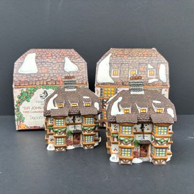 LOT 144: Dept 56 Charles Dickens Collector's Edition Ornaments Dedlock Arms (2) & Sir John Falstaff Inn (2), Oversized C9 Light...