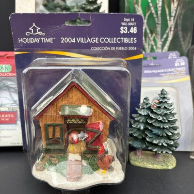 LOT 146: Assorted Christmas Village Accessories, Trees, Figures & Power Adapter