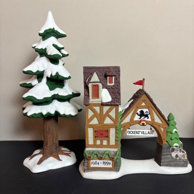 LOT 92: Dept 56 Dickens Village w/Original Boxes: Crooked Fence Cottage, Scrooge & Marley Counting House, Postern & Porcelain Tree