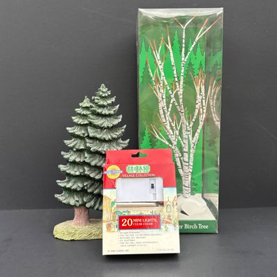 LOT 146: Assorted Christmas Village Accessories, Trees, Figures & Power Adapter
