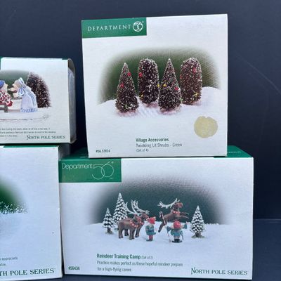 LOT 142: Village Accessories by Dept 56: Planning a Winter Vacation, Marshmallows Around the Campfire, Open Wide, Twinkling Lit Shrubs...