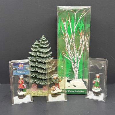 LOT 146: Assorted Christmas Village Accessories, Trees, Figures & Power Adapter