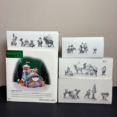 LOT 91: Dept 56 Dickens Village Accessories & North Pole Series Reindeer Flight School w/Original Boxes