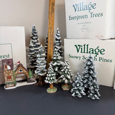 LOT 46: Dept 56 Holiday Village Accessories - Snowy Scotch Pines, Evergreen Trees, Pole Pine Tree, `Pole Pine Forest, and Postern