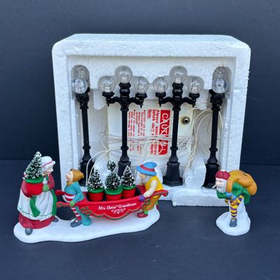 LOT 136: Dept 56 Village Accessories: Delivering the Christmas Tree, One Horse Open Sleigh, All Around Town, Transport & Popcorn Vendor