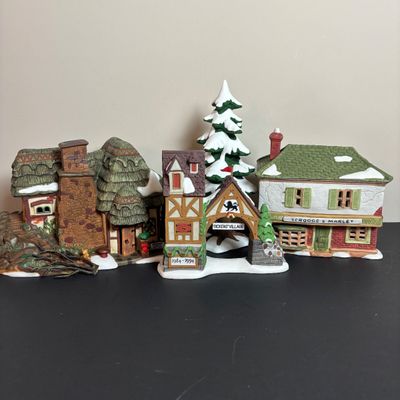 LOT 92: Dept 56 Dickens Village w/Original Boxes: Crooked Fence Cottage, Scrooge & Marley Counting House, Postern & Porcelain Tree
