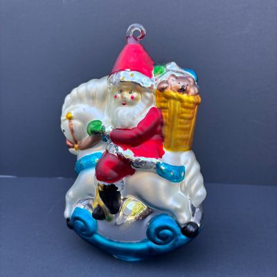 LOT 72: Dept 56 Hand Blown Mercury Glass Ornaments in Original Boxes - Toy Soldier & Santa on Rocking Horse