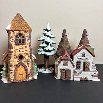 LOT 83: Dept 56 Heritage Village Collection Dickens Village Series: Village Church & Bishop Oast House & Village Porcelain Pine Tree