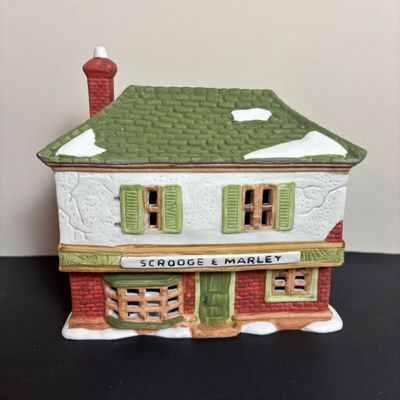 LOT 92: Dept 56 Dickens Village w/Original Boxes: Crooked Fence Cottage, Scrooge & Marley Counting House, Postern & Porcelain Tree