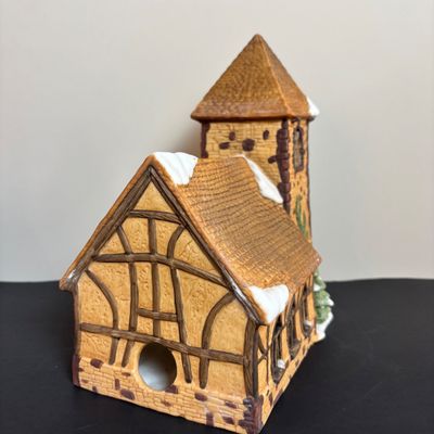 LOT 83: Dept 56 Heritage Village Collection Dickens Village Series: Village Church & Bishop Oast House & Village Porcelain Pine Tree