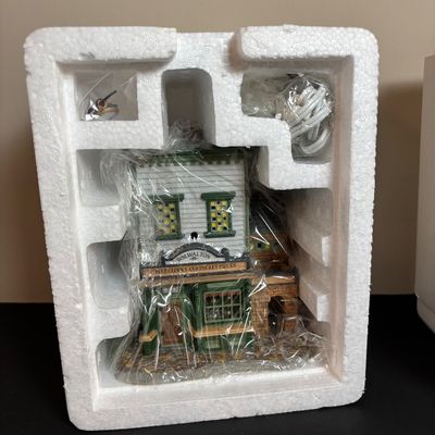 LOT 84: Dept 56 New England Series Wm. Walton Fine Clocks & Pocket Pieces. Pine Trees w/Cones, Peppermint Trees & Wagon Wheel...