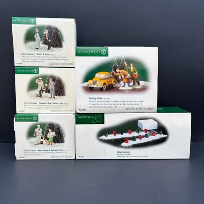 LOT 141: Dept 56 Village Accessories: City Profession: Doctor & Nurse, Postman & Dairy Delivery Man, Hailing a Cab and Christmas...