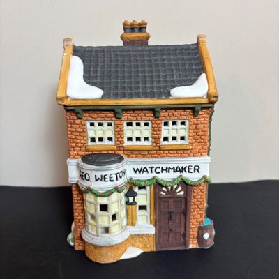 LOT 88: Dept 56 Dickens Village Houses w/Original Boxes: The Chop Shop, Geo Weeton Watchmaker & Golden Swan Baker