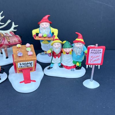 LOT 80: Dept 56 Accessories w/Original Boxes: Snow Cone Elves, Santa's Little Helpers, North Pole Express, Wrought Iron Fence, Candy...