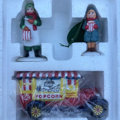 LOT 136: Dept 56 Village Accessories: Delivering the Christmas Tree, One Horse Open Sleigh, All Around Town, Transport & Popcorn Vendor
