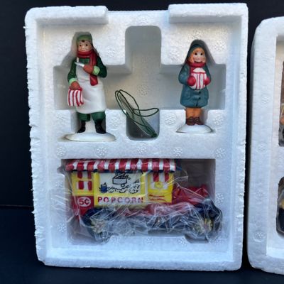LOT 137: Dept 56 Village Accessories: Transport, Popcorn Vendor, All Aroun Town, The Old Man and the Sea, One Horse Open Sleigh