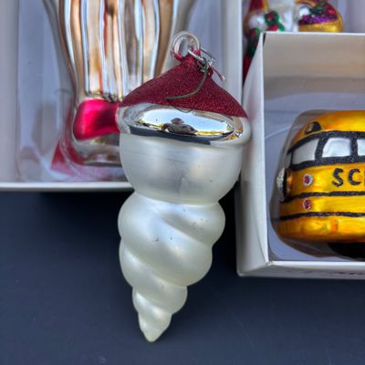 LOT 74: Dept 56 Hand Blown Mercury Glass Ornaments in Original Boxes - School Bus, Santa, Gingerbread Man & Snowman