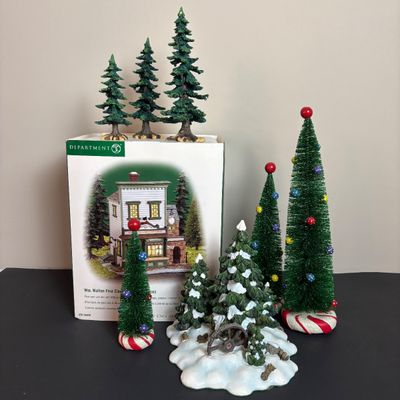 LOT 84: Dept 56 New England Series Wm. Walton Fine Clocks & Pocket Pieces. Pine Trees w/Cones, Peppermint Trees & Wagon Wheel...