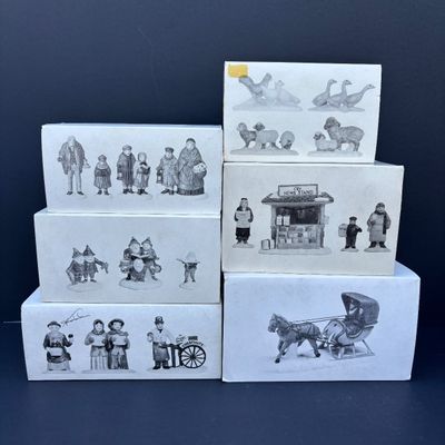 LOT 76: Dept 56 Accessories w/Original Boxes: Sing a Song for Santa, Carolers on the Doorstep, Violet Vendor- Chestnut Vendor-Carolers,...