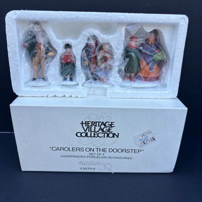 LOT 76: Dept 56 Accessories w/Original Boxes: Sing a Song for Santa, Carolers on the Doorstep, Violet Vendor- Chestnut Vendor-Carolers,...