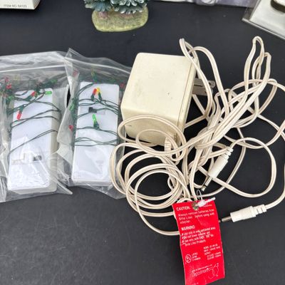 LOT 146: Assorted Christmas Village Accessories, Trees, Figures & Power Adapter
