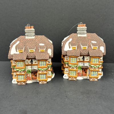 LOT 144: Dept 56 Charles Dickens Collector's Edition Ornaments Dedlock Arms (2) & Sir John Falstaff Inn (2), Oversized C9 Light...