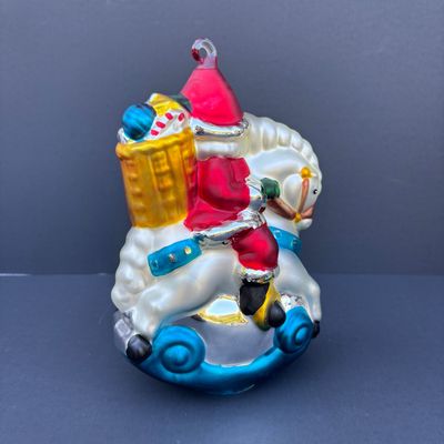 LOT 72: Dept 56 Hand Blown Mercury Glass Ornaments in Original Boxes - Toy Soldier & Santa on Rocking Horse