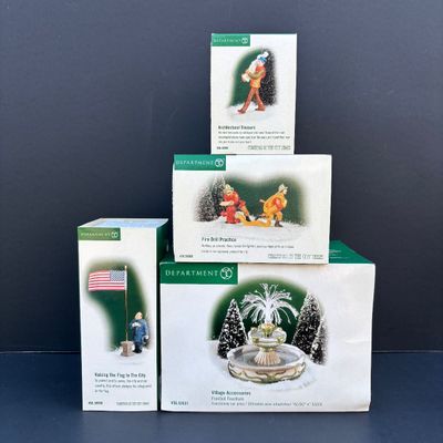 LOT 139: Department 56 Christmas in the City Series Figurines Lot with Boxes: Fire Drill Practice, Architectural, Raising the Flag &...