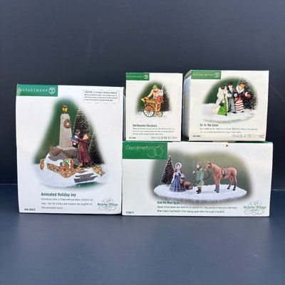LOT 140: Dept 56 Village Accessories: Animated Holiday Joy, Hot Roasted Chestnuts, Until We Meet Again & On To the Show