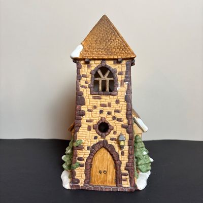 LOT 83: Dept 56 Heritage Village Collection Dickens Village Series: Village Church & Bishop Oast House & Village Porcelain Pine Tree