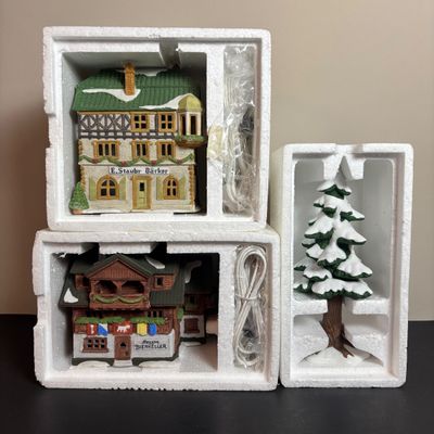 LOT 96: Dept 56 Alpine Village Series E. Staubr & Besson Bierkeller along with Porcelain Pine Tree