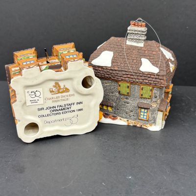 LOT 144: Dept 56 Charles Dickens Collector's Edition Ornaments Dedlock Arms (2) & Sir John Falstaff Inn (2), Oversized C9 Light...