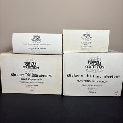 LOT 90: Dept 56 Dickens Village Houses & Accessories w/Original Boxes: Violet & Chestnut Vendor & Carolers, Peggotty's...