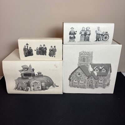 LOT 90: Dept 56 Dickens Village Houses & Accessories w/Original Boxes: Violet & Chestnut Vendor & Carolers, Peggotty's...