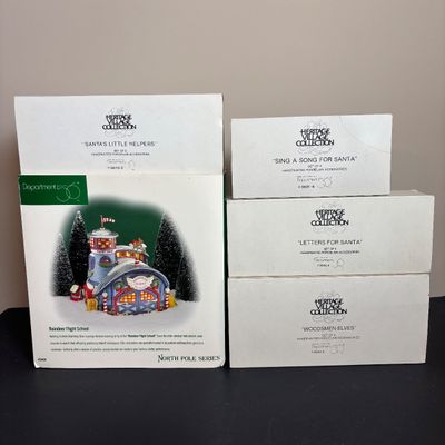 LOT 91: Dept 56 Dickens Village Accessories & North Pole Series Reindeer Flight School w/Original Boxes