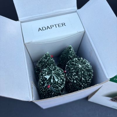 LOT 142: Village Accessories by Dept 56: Planning a Winter Vacation, Marshmallows Around the Campfire, Open Wide, Twinkling Lit Shrubs...