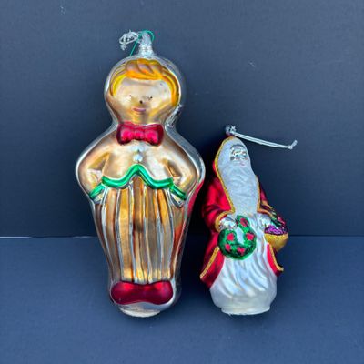 LOT 74: Dept 56 Hand Blown Mercury Glass Ornaments in Original Boxes - School Bus, Santa, Gingerbread Man & Snowman
