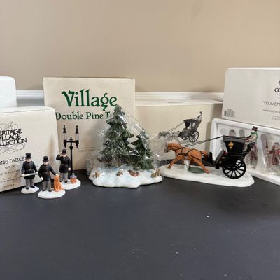 LOT 43: Dept 56 Holiday Accessories Constables, Double Pine Trees, Yeomen of the Guard, and Kings Road Cab