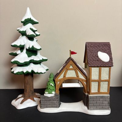 LOT 92: Dept 56 Dickens Village w/Original Boxes: Crooked Fence Cottage, Scrooge & Marley Counting House, Postern & Porcelain Tree